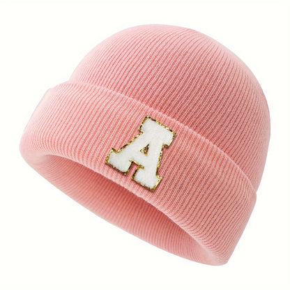 1pc Children's Knitted Hat with 26 Alphabet Letters, Pink Acrylic Stretchable Cap for Toddlers, Hand Washable, Breathable, Daily & Casual Wear, Perfect for Birthday Occasion