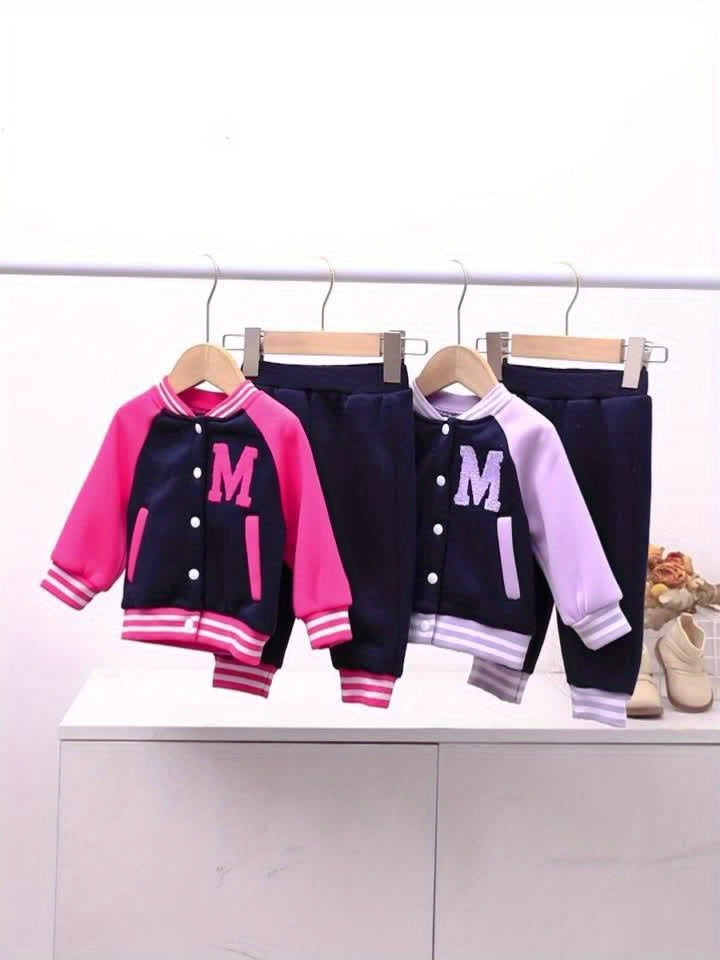 Cute Casual Outfits, Toddler Girls Letter Pattern Baseball Coat Pants Set For Spring And Autumn Outdoor Clothing