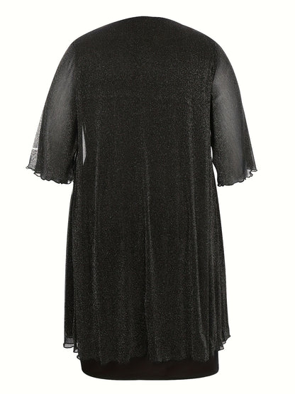 Plus Size - Elegant Plus Size Two-Piece Dress with Mesh Overlay - Navy Blue, Round Neck, Sleeveless, Flowy Design for Spring/Summer, Polyester Blend, Women'S Fashion, Plus Size Dresses