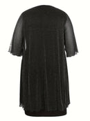 Plus Size - Elegant Plus Size Two-Piece Dress with Mesh Overlay - Navy Blue, Round Neck, Sleeveless, Flowy Design for Spring/Summer, Polyester Blend, Women'S Fashion, Plus Size Dresses