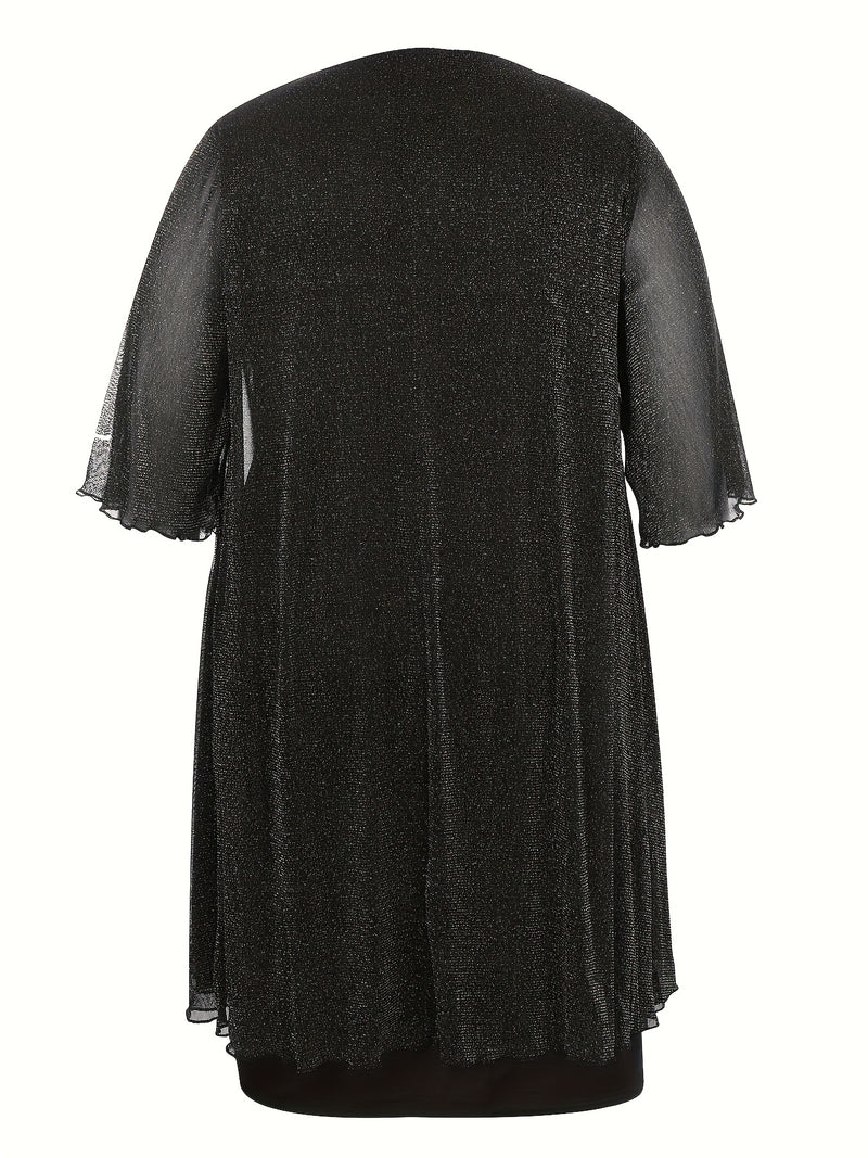 Plus Size - Elegant Plus Size Two-Piece Dress with Mesh Overlay - Navy Blue, Round Neck, Sleeveless, Flowy Design for Spring/Summer, Polyester Blend, Women'S Fashion, Plus Size Dresses