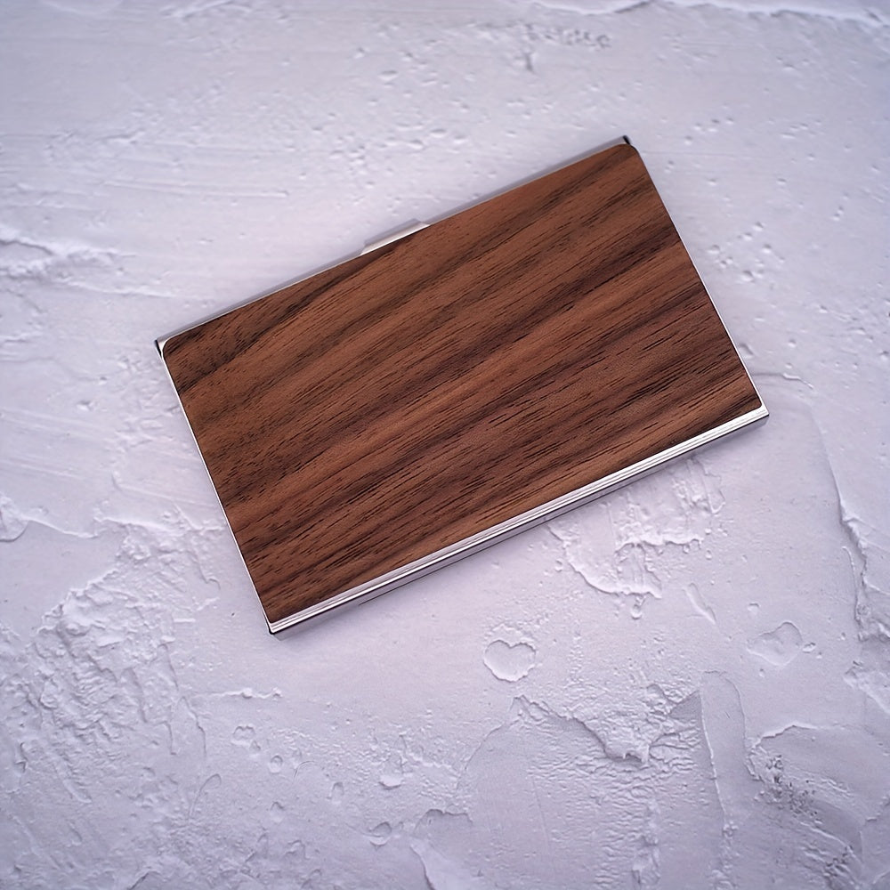 Custom Engraved Men's Business Card Holder - Vintage Style, Large Capacity, Solid Wood Grain Design in Deep Brown