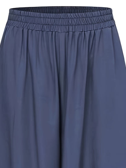 Plus Size Casual Pants, Women's Plus Solid Elastic High Rise Medium Stretch Loose Wide Leg Trousers