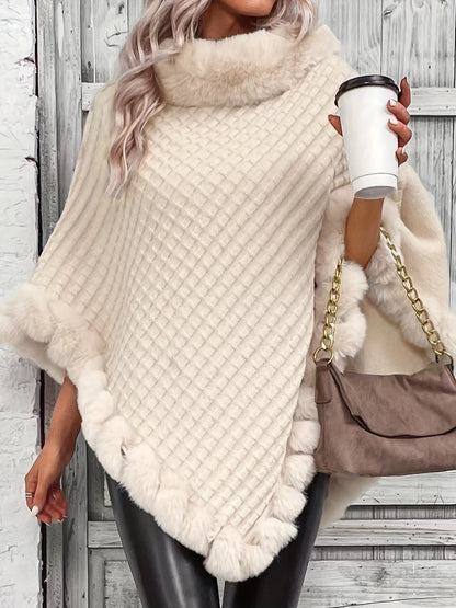Women's Elegant Cream-Colored Knit Sweater with Faux Fur Trim - High Neck, Batwing Sleeves, Cozy Autumn/Winter Pullover Shawl Cape, Autumn Wardrobe Accessory|High Neck Pullover|Plush Lining