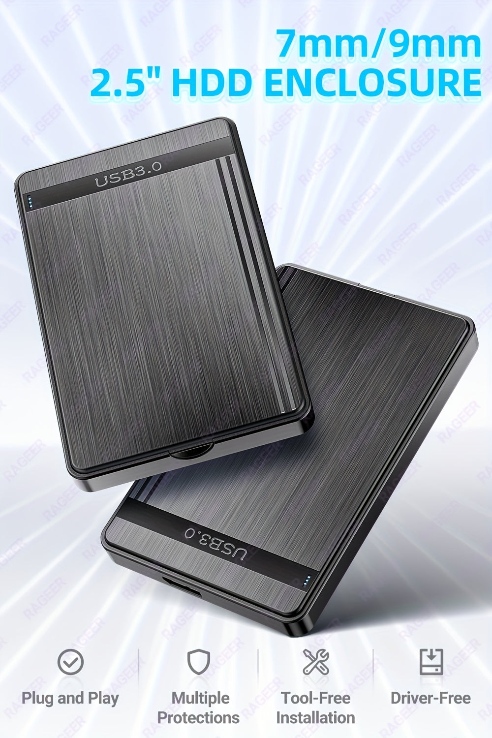 Rageer USB 3.0 Sata 2.5" Hdd Enclosure - High-Speed Data Transfer, Easy Install, Fits 7mm/9.5mm Drives, Compatible With Laptops & Pcs