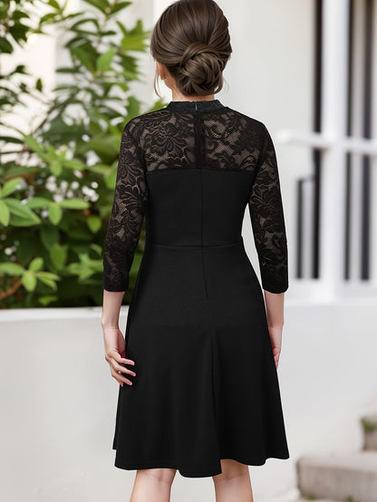 Elegante vestido de niña con encaje y cremallera, de corte A, color liso, mezcla de poliéster elástico, ideal para primavera, verano y otoño.