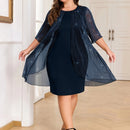 Plus Size - Elegant Plus Size Two-Piece Dress with Mesh Overlay - Navy Blue, Round Neck, Sleeveless, Flowy Design for Spring/Summer, Polyester Blend, Women'S Fashion, Plus Size Dresses
