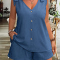 Women'S Casual Sleeveless V-Neck Top & Shorts Two-Piece Set - Loose Fit, Solid Navy Blue, Polyester Blend, Perfect for Summer Vacations, Summer Vacation Wear|Relaxed Fit Shorts|Polyester Blend