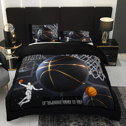 3pcs -Themed Bedding Set - 1 Duvet Cover + 2 Pillowcases, Black with & Print, Breathable Polyester, All-Season Comfort for Home & Dorm Decor