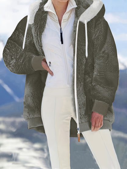 Plus Size Fuzzy Hooded Coat, Casual Long Sleeve Zipper Coat With Pockets, Women's Plus Size Clothing
