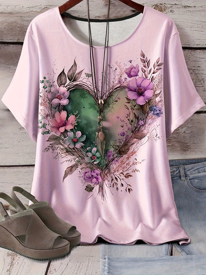 Women's Plus Size Light Blue Floral Heart All-Over Print T-Shirt - Stretchy Casual Round Neck Short Sleeve Top, Machine Washable for Casual Attire, Versatile Wardrobe Staple, Stylish Graphic Tee, Comfortable Fit, Printed Blou
