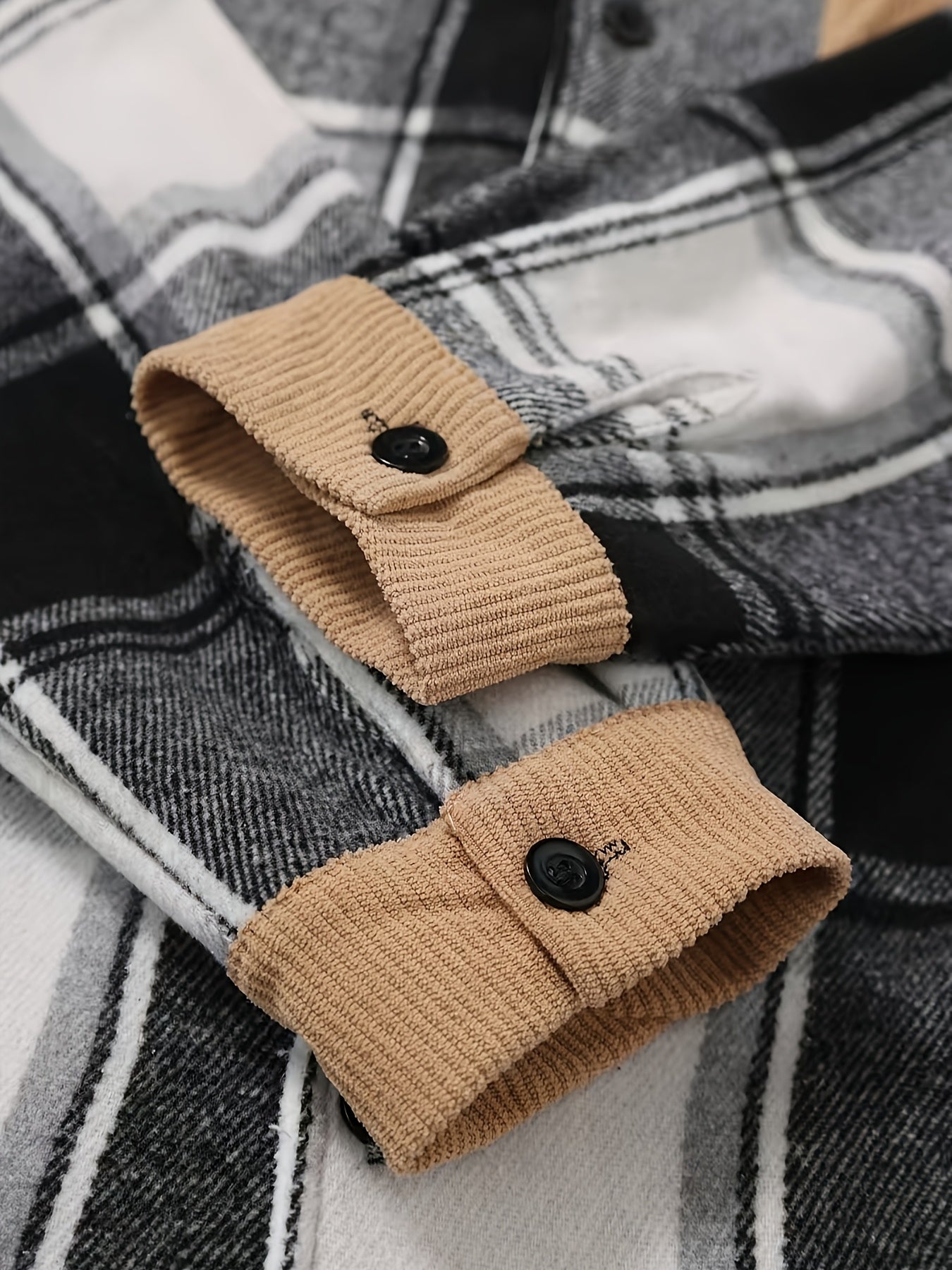 1pc Men'S Casual Plaid Fleece Jacket, Thickened Outerwear with Button Closure, Polyester Fabric, Non-Stretch, Regular Fit, Autumn/Winter Season, Solid Color Pocket Detail