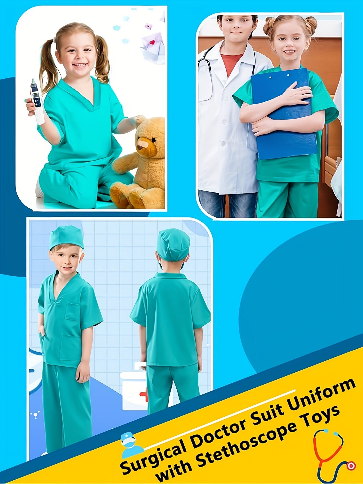 Conjunto de 6 trajes de médico de imitación para niño, camiseta de manga corta, pantalones y accesorios, ideal para Halloween, fiestas de cumpleaños, presentaciones escolares y como regalo.