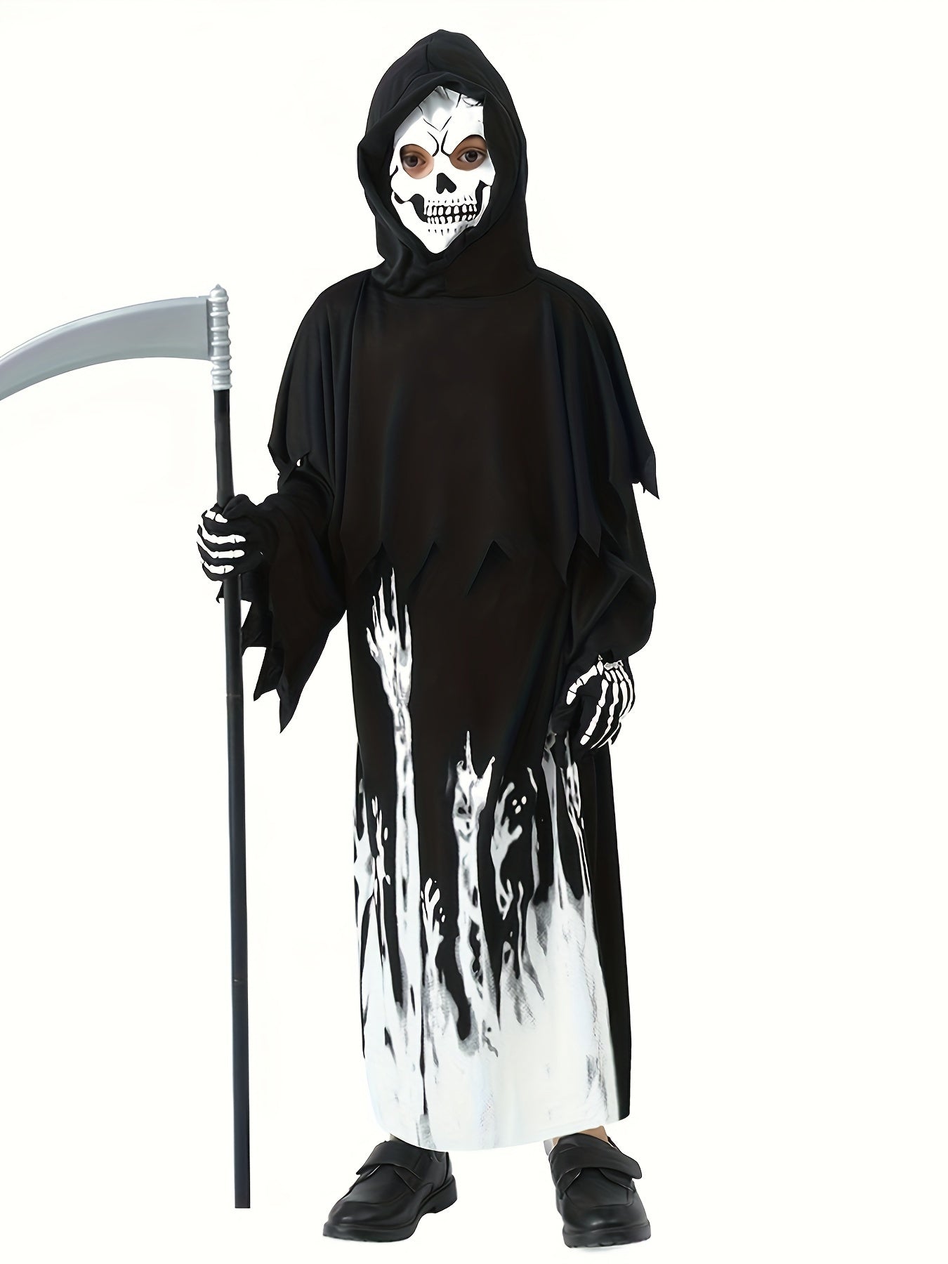 [Fast Arrival] 1pc Luminous Grim Reaper Costume for Kids - Halloween Party Storytelling, Role-Playing Performance Outfit with Hooded Jumpsuit, Gloves & Sickle, Polyester Material, Non-Transparent, Knitted Fabric, Solid Color,