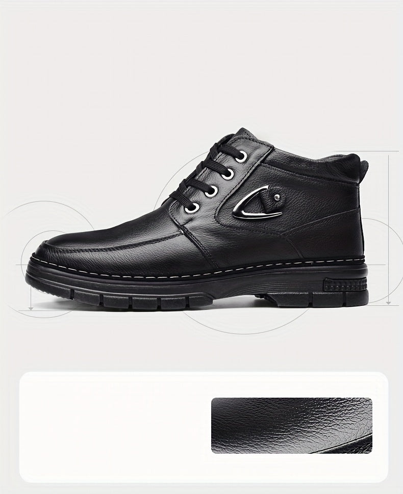 Men's Leather Boots, Winter Thermal Shoes, Windproof Hiking Boots With Fuzzy Lining