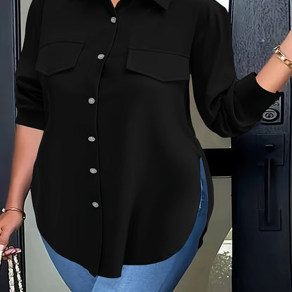 Blusa de talla grande con dobladillo curvo, informal, con cuello abotonado para primavera, ropa de talla grande para mujer.