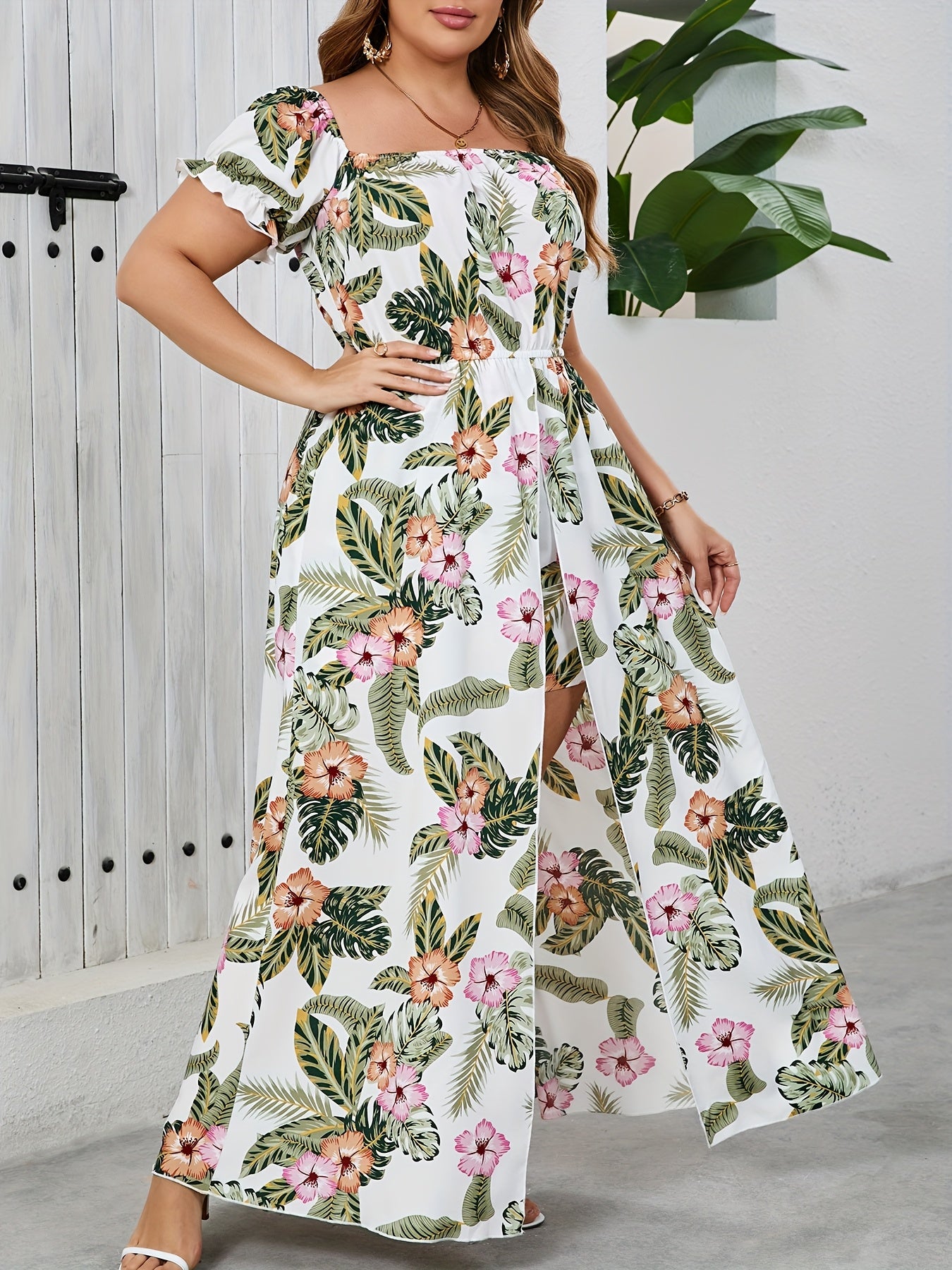 Women'S Plus Size Off-the-Shoulder Tropical Print Jumpsuit with Short Sleeves, Split Hem, and Floral Accents - Ideal for Beach, Vacation, and Summer Events, Beach Attire|Tropical Print Jumpsuit|Floral Accents, Beach Clothes
