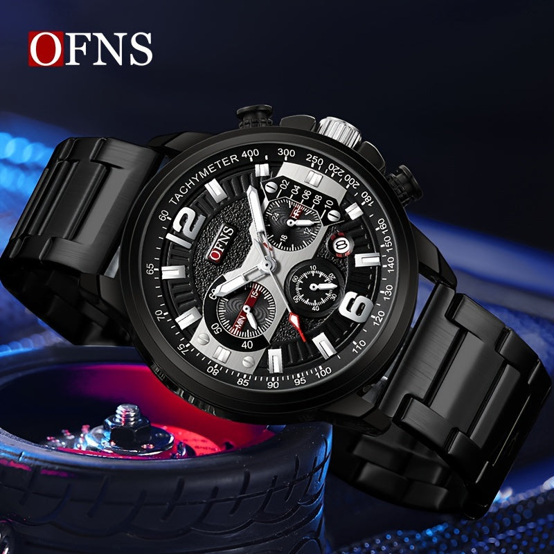 Reloj de moda popular OFNS para hombre, cronógrafo, resistente al agua hasta 50 metros, con calendario y luz nocturna, regalo para las fiestas.