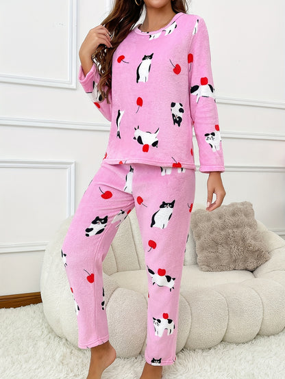 [Home Relaxation] Cozy & Warm Women's Fleece Pajama Set in Green with White Cartoon Rabbit Pattern - Soft Polyester, Anti-Static, Machine Washable - Elegant Home Loungewear with Round Neck Top & Pants for Fall/Winter, Plus Si