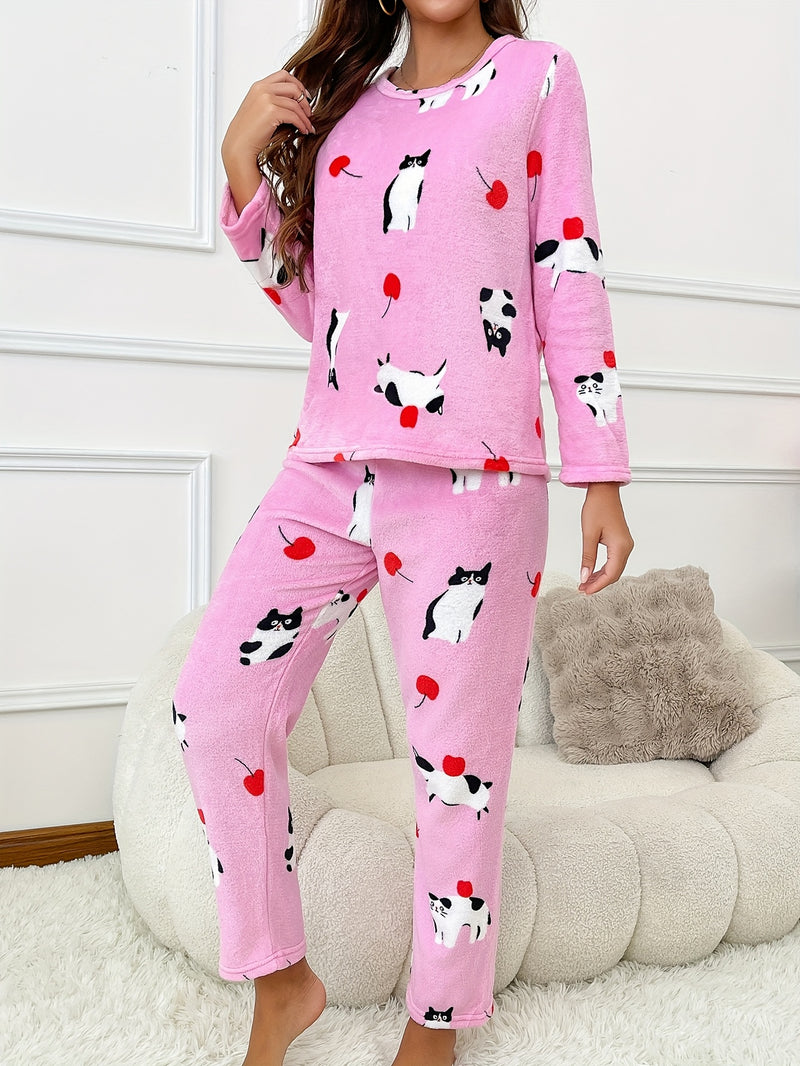 [Home Relaxation] Cozy & Warm Women's Fleece Pajama Set in Green with White Cartoon Rabbit Pattern - Soft Polyester, Anti-Static, Machine Washable - Elegant Home Loungewear with Round Neck Top & Pants for Fall/Winter, Plus Si