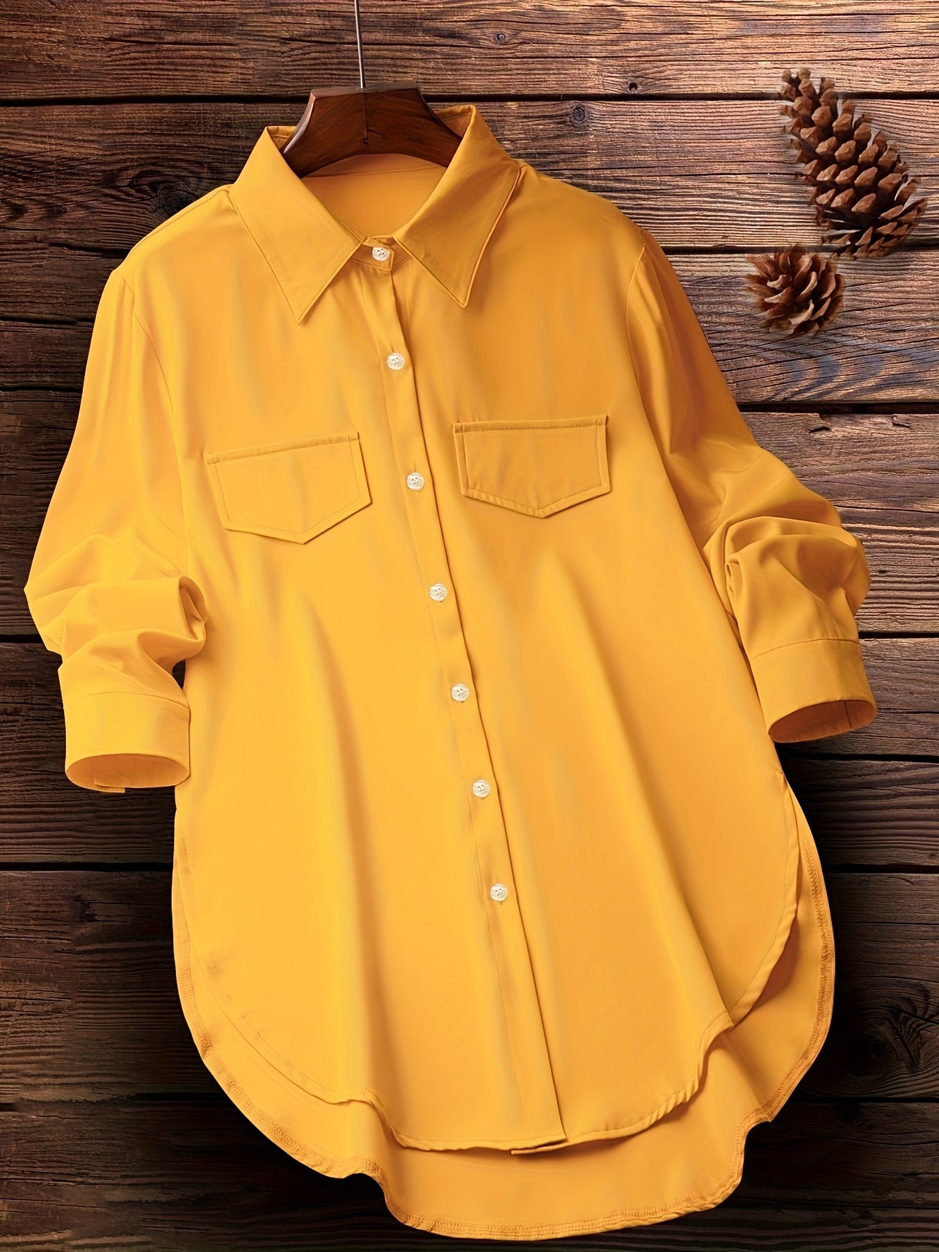 Blusa de talla grande con dobladillo curvo, informal, con cuello abotonado para primavera, ropa de talla grande para mujer.
