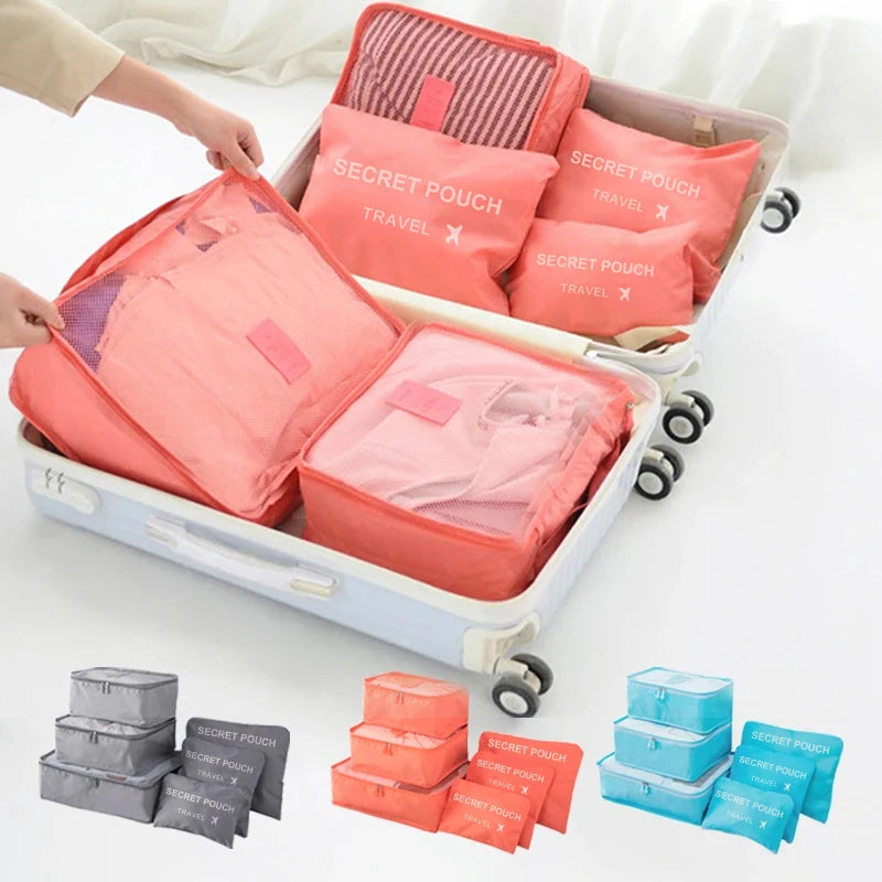 Bolsa de almacenamiento de viaje de gran capacidad, impermeable, para equipaje, ropa interior y con cremallera, color rosa, azul y gris, 6 unidades por juego. 
