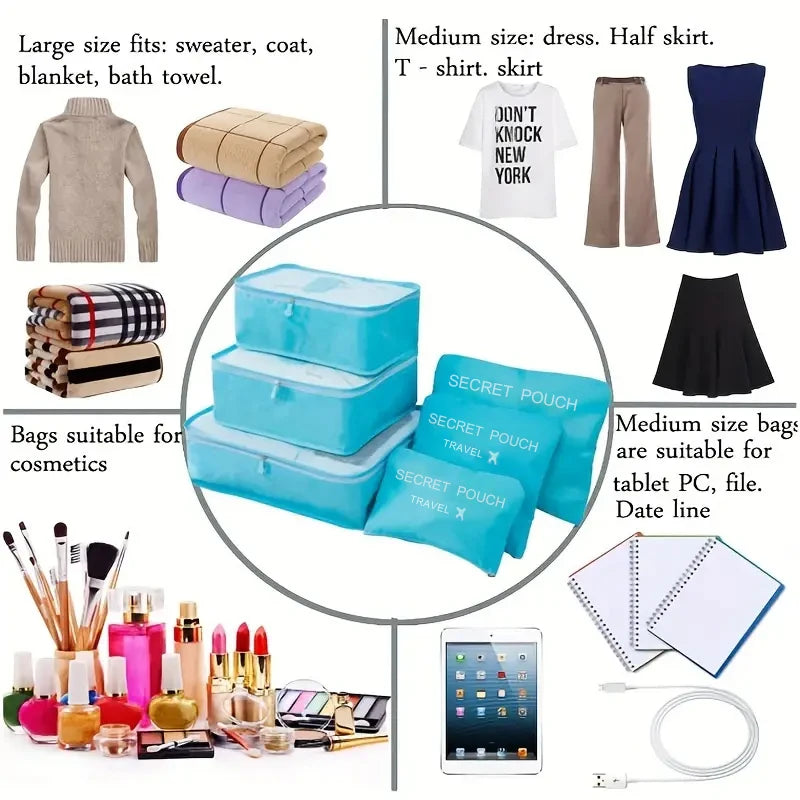 Bolsa de almacenamiento de viaje de gran capacidad, impermeable, para equipaje, ropa interior y con cremallera, color rosa, azul y gris, 6 unidades por juego. 