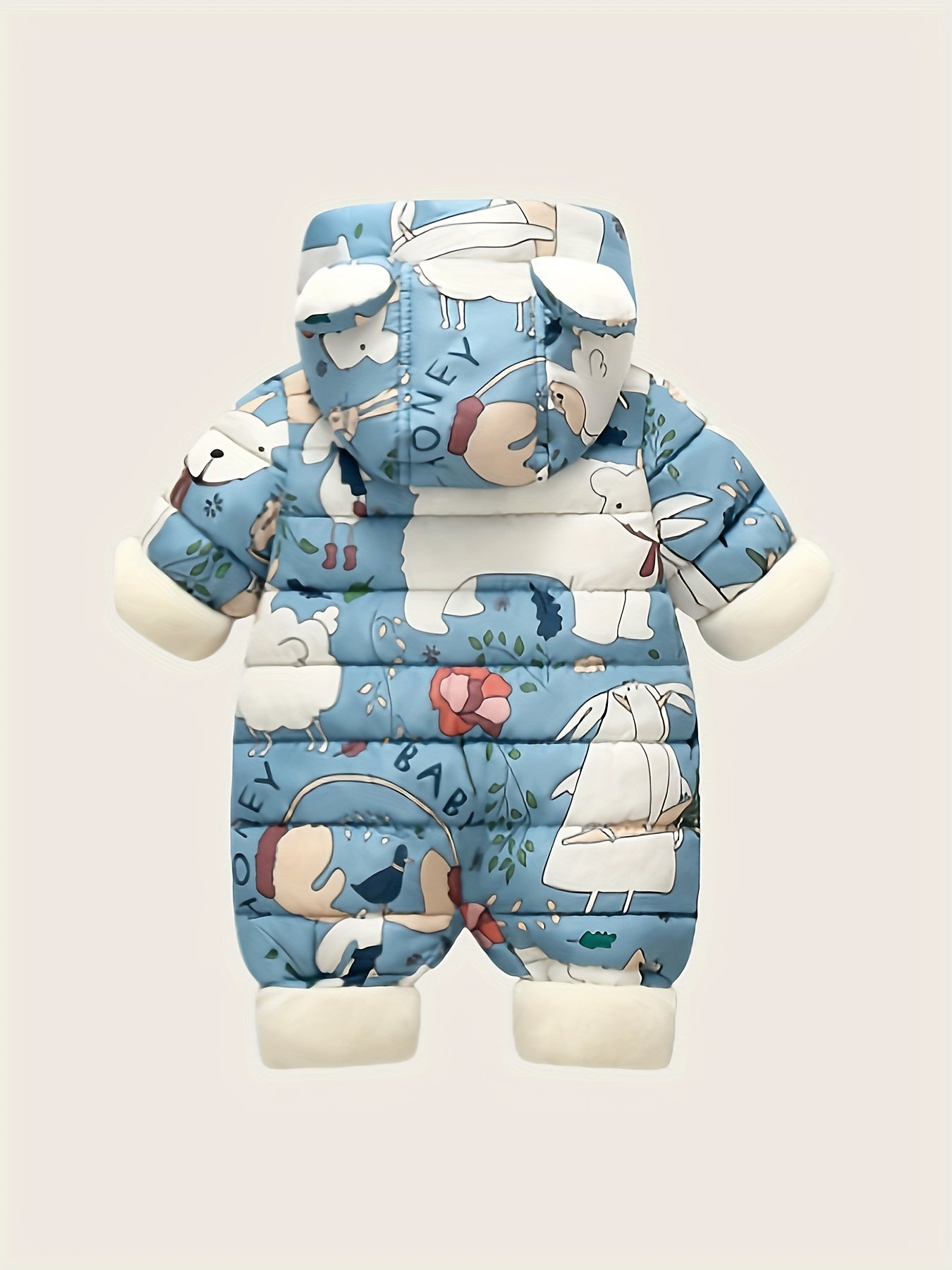 Cozy Fleece-Lined Kids' Onesie with Cute Ears & Cartoon Print - Zip-Up Long Sleeve Snowsuit for Outdoor Warmth, Easy Care, Perfect Christmas Gift for Newborns, Perfect for Outdoor