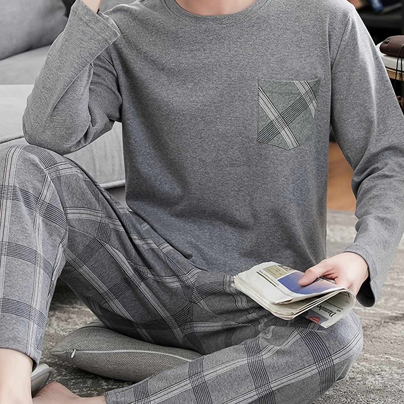 Men's Cozy Gray Long Sleeve Round Neck Top with Plaid Pants Pajama Set - Polyester, Machine Washable, Ideal for Home or Outdoor Wear