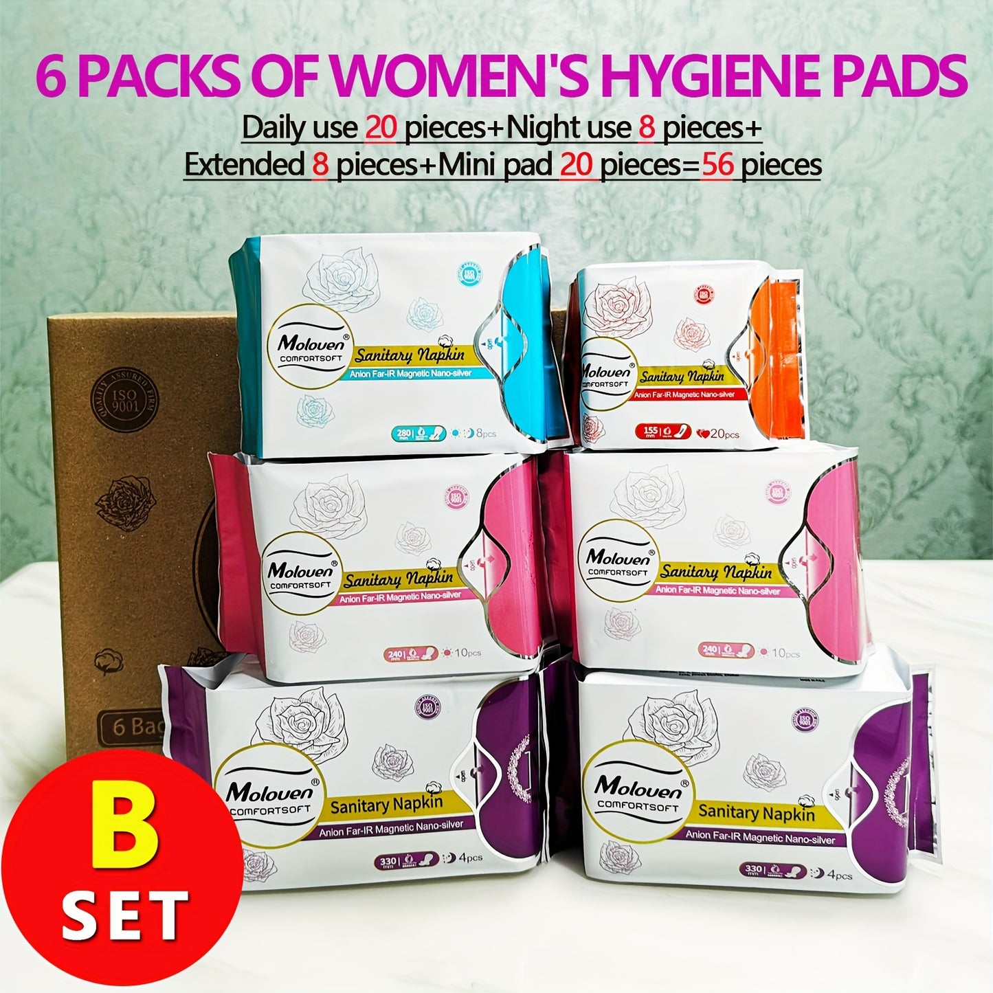 6-Pack Moloven Women'S Sanitary Napkins, 60/56pcs, Ultra-Thin Wings, Soft Comfort, Overnight Absorbent Menstrual Protection, Fragrance-Free, Disposable, Travel Size, Woven Fabric, Non-Woven Material, Pad Format