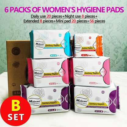 6-Pack Moloven Women'S Sanitary Napkins, 60/56pcs, Ultra-Thin Wings, Soft Comfort, Overnight Absorbent Menstrual Protection, Fragrance-Free, Disposable, Travel Size, Woven Fabric, Non-Woven Material, Pad Format