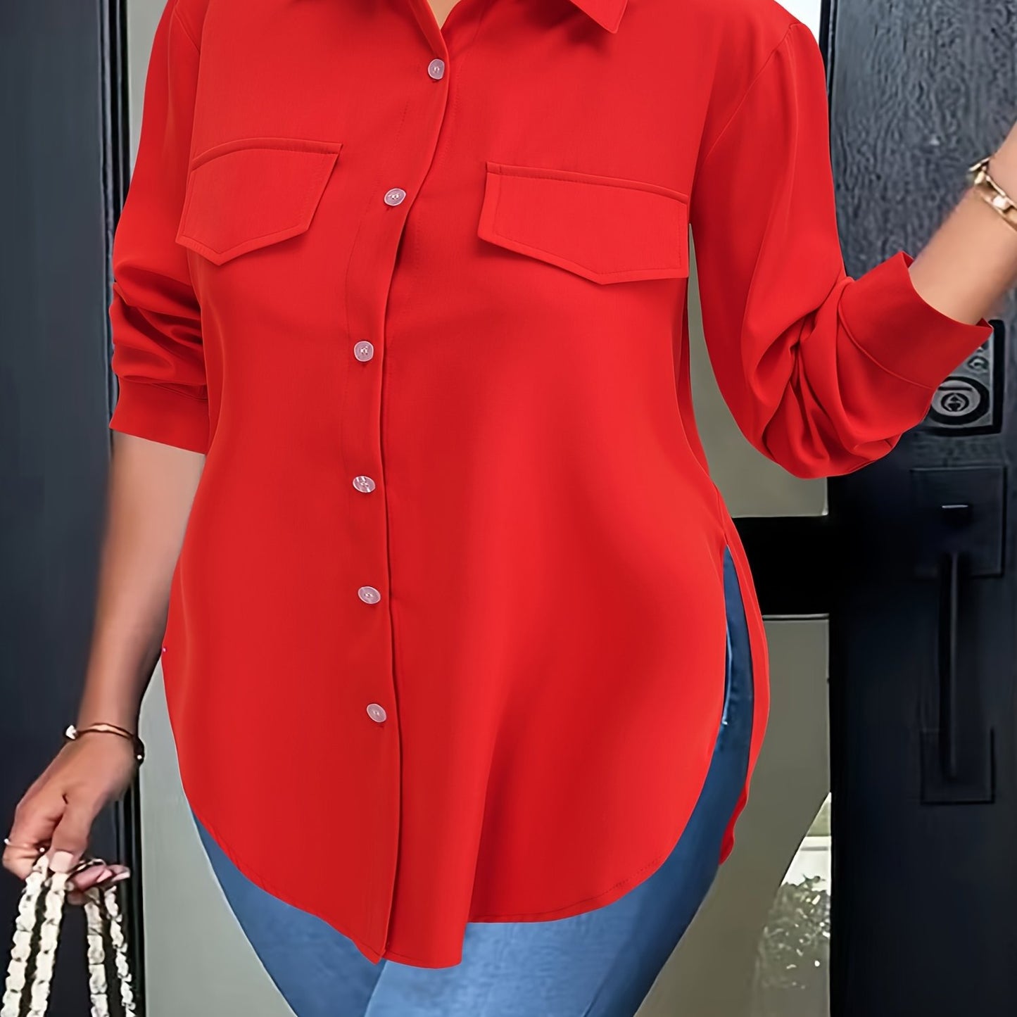 Blusa de talla grande con dobladillo curvo, informal, con cuello abotonado para primavera, ropa de talla grande para mujer.