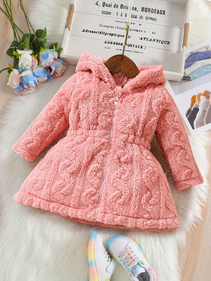 Baby's Warm Fuzzy Fleece Hooded Jacket, Casual Solid Color Zip Up Coat, Infant & Toddler Girl's Clothing For Winter Fall Outdoor