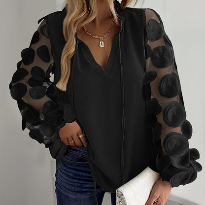 Plus Size Women'S Elegant White Blouse with Floral Mesh Sleeves - Long Sleeve, Notched Collar, Oversized Fit, Perfect for Night Outs, Casual to Formal Attire, Plus Size Blouse | Floral Pattern Top | Mesh Fabric Detail, Plus S