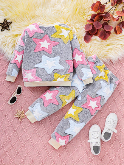 Cozy Girls' Fleece-Lined Star Pattern Pajama Set - Long Sleeve & Pants, Warm & Comfortable Casual Home Wear for Autumn/Winter, Machine Washable, Polyester