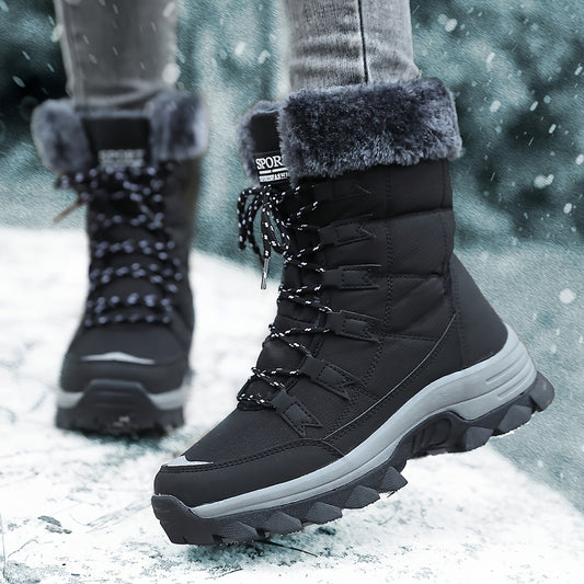Botas de nieve impermeables y aislantes para mujer con forro de piel sintética, suela de goma gruesa y cordones ajustables para exteriores en invierno.