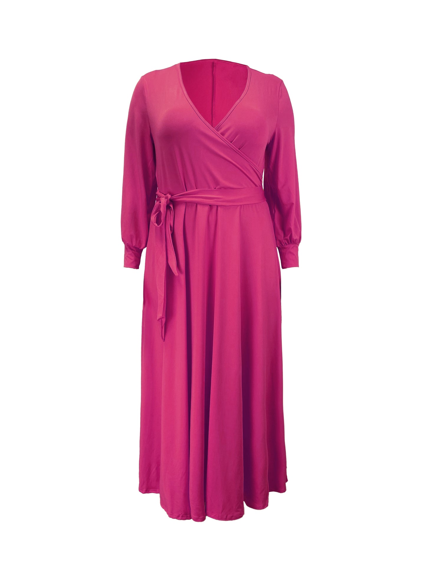Plus Size Solid Color Tie Waist Dress, Elegant Long Sleeve Surplice Neck Maxi Dress For Spring & Fall, Women's Plus Size Clothing