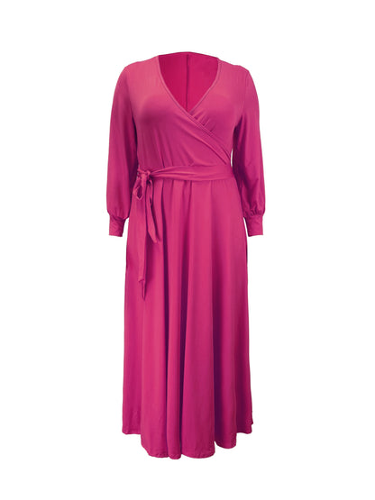 Plus Size Solid Color Tie Waist Dress, Elegant Long Sleeve Surplice Neck Maxi Dress For Spring & Fall, Women's Plus Size Clothing