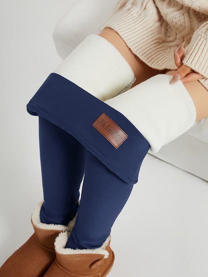 Women's Plush-Lined High Waist Leggings, Elastic And Comfortable, Casual Style Warm Pants For Winter, For Thermal Wear