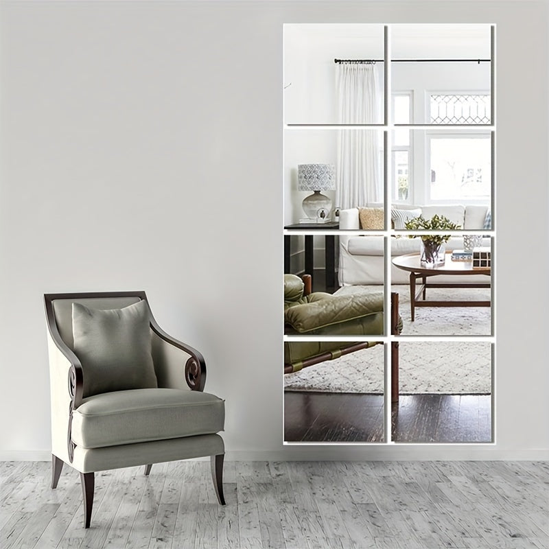 4pcs Set, 1mm Thick Square Acrylic Mirror Wall Decals - Shatterproof & Removable, Perfect for Bedroom, Living Room, Office, Kitchen, Bathroom, and Entryway Decor, Full-Length Dressing Mirror Stickers, 7.9x7.9 Inches
