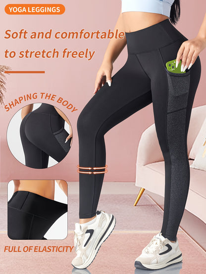 [1pc Women'S High Waist Yoga Leggings] 1pc Women'S High Waist Yoga Leggings with Contrast Color Pocket, Soft Stretchable Polyester Knit Sports Pants, Breathable Activewear for All Seasons