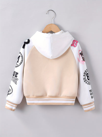 Alphabet LA Pattern Girl's Varsity Jacket, Raglan Color Block Thermal Lined Preppy Jacket Spring/ Fall Outerwear