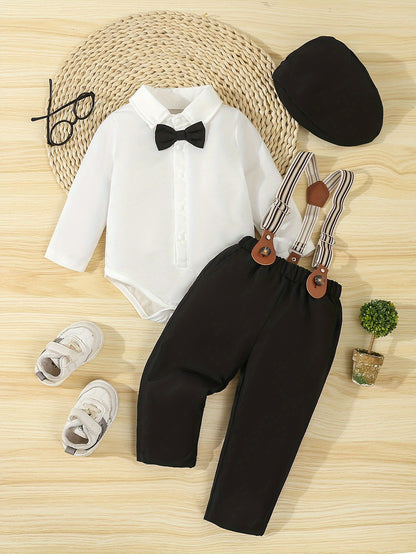 Baby's Gentleman Outfit For Spring Fall, Bowtie Bodysuit &amp; Suspender Pants &amp; Hat Set, Infant &amp; Toddler Boy's Suit For Formal Outdoor Occasions/Photography/Birthday Party/Weddings Outdoor clothing