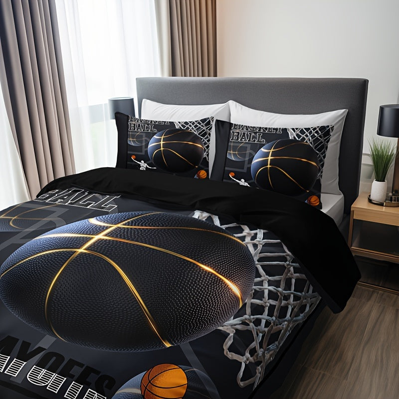 3pcs -Themed Bedding Set - 1 Duvet Cover + 2 Pillowcases, Black with & Print, Breathable Polyester, All-Season Comfort for Home & Dorm Decor