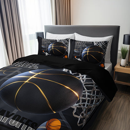 3pcs -Themed Bedding Set - 1 Duvet Cover + 2 Pillowcases, Black with & Print, Breathable Polyester, All-Season Comfort for Home & Dorm Decor