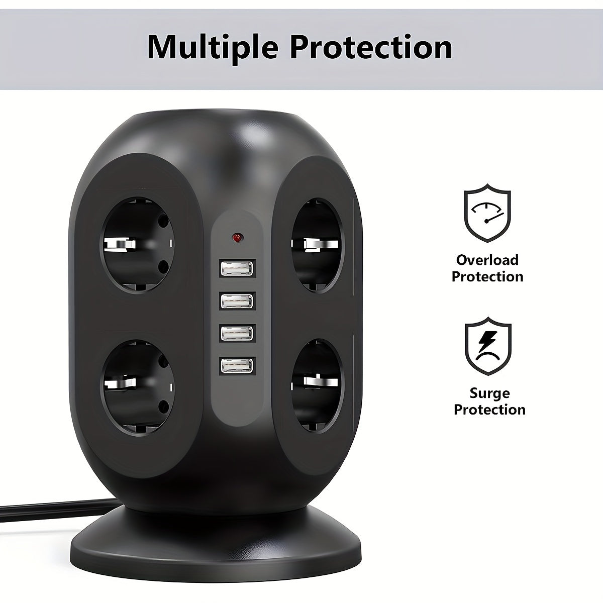 12-way Power Strip With 4 USB, Multi-socket Tower, 1.8 M Extension Cable, Power Strip With Double Switch, Desktop Socket Tower Surge Protection For Garden, Office, Kitchen