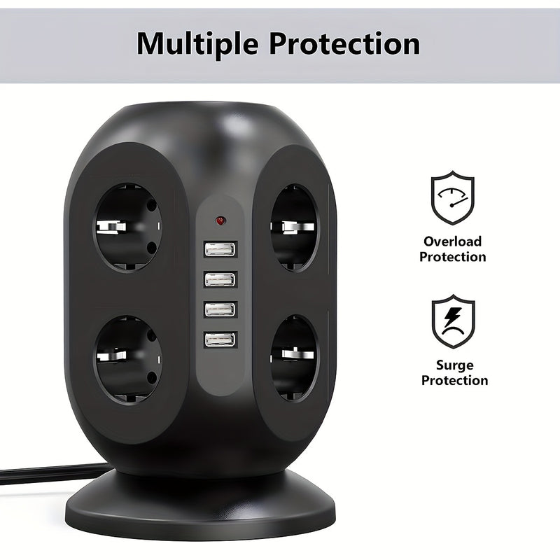 12-way Power Strip With 4 USB, Multi-socket Tower, 1.8 M Extension Cable, Power Strip With Double Switch, Desktop Socket Tower Surge Protection For Garden, Office, Kitchen