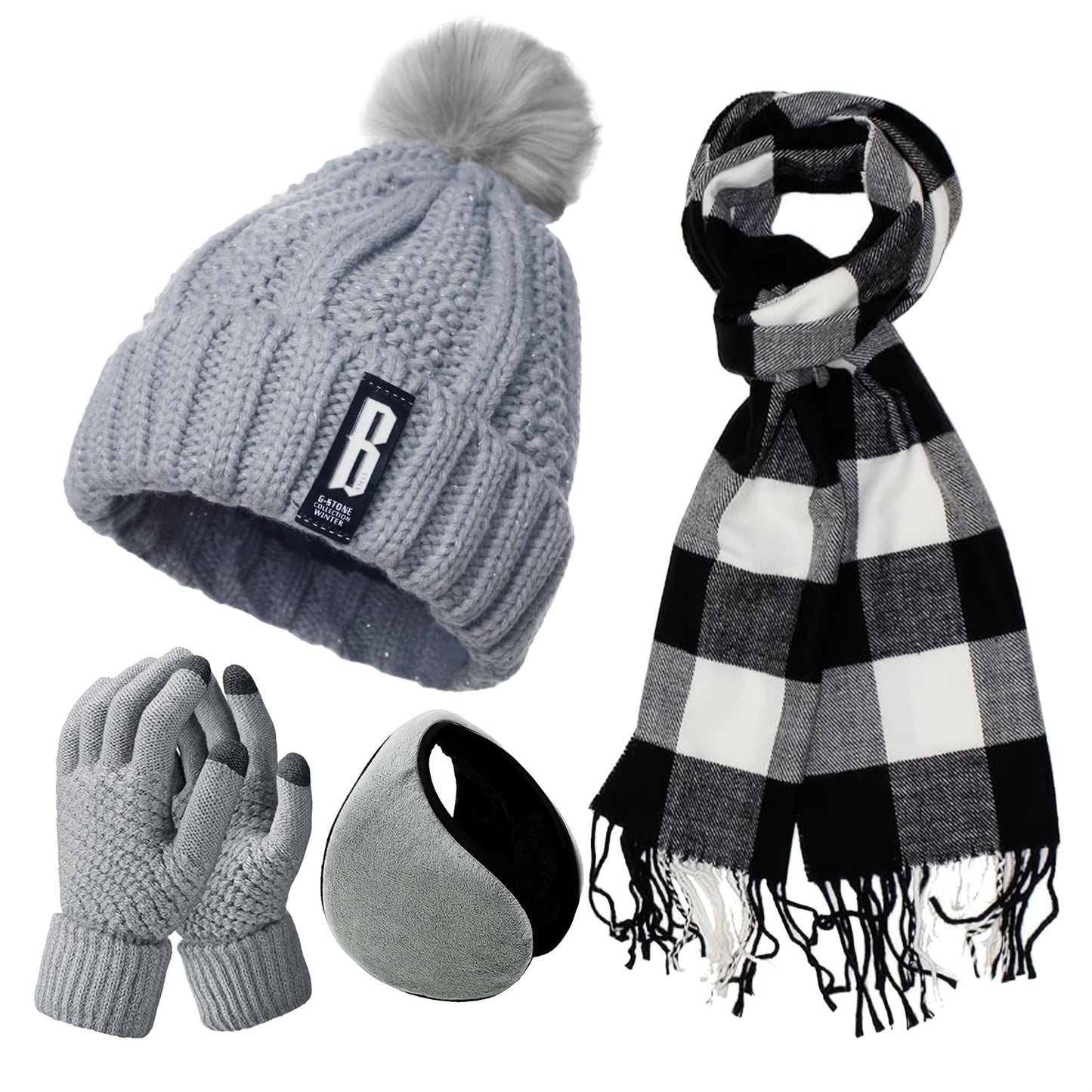 4pcs Winter Warm Accessory Set - Knitted Hat, Touch Screen-Compatible Mittens, Scarf, Ear Warmer - Polyester, Hand Washable, Simple Style - Ideal Gift for Adults, No Feather