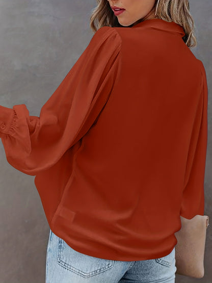 Blusa básica de talla grande para mujer, con botones, mangas farol, cuello vuelto, ligeramente elástica