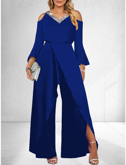 Mono elegante de mujer con escote en V liso y lentejuelas, pierna ancha y mangas acampanadas sueltas